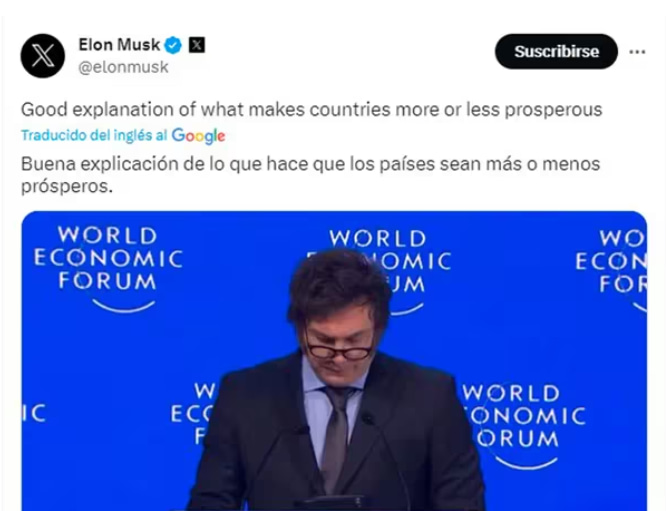 Elogio por X de Elon Musk a Milei presidente argentino.